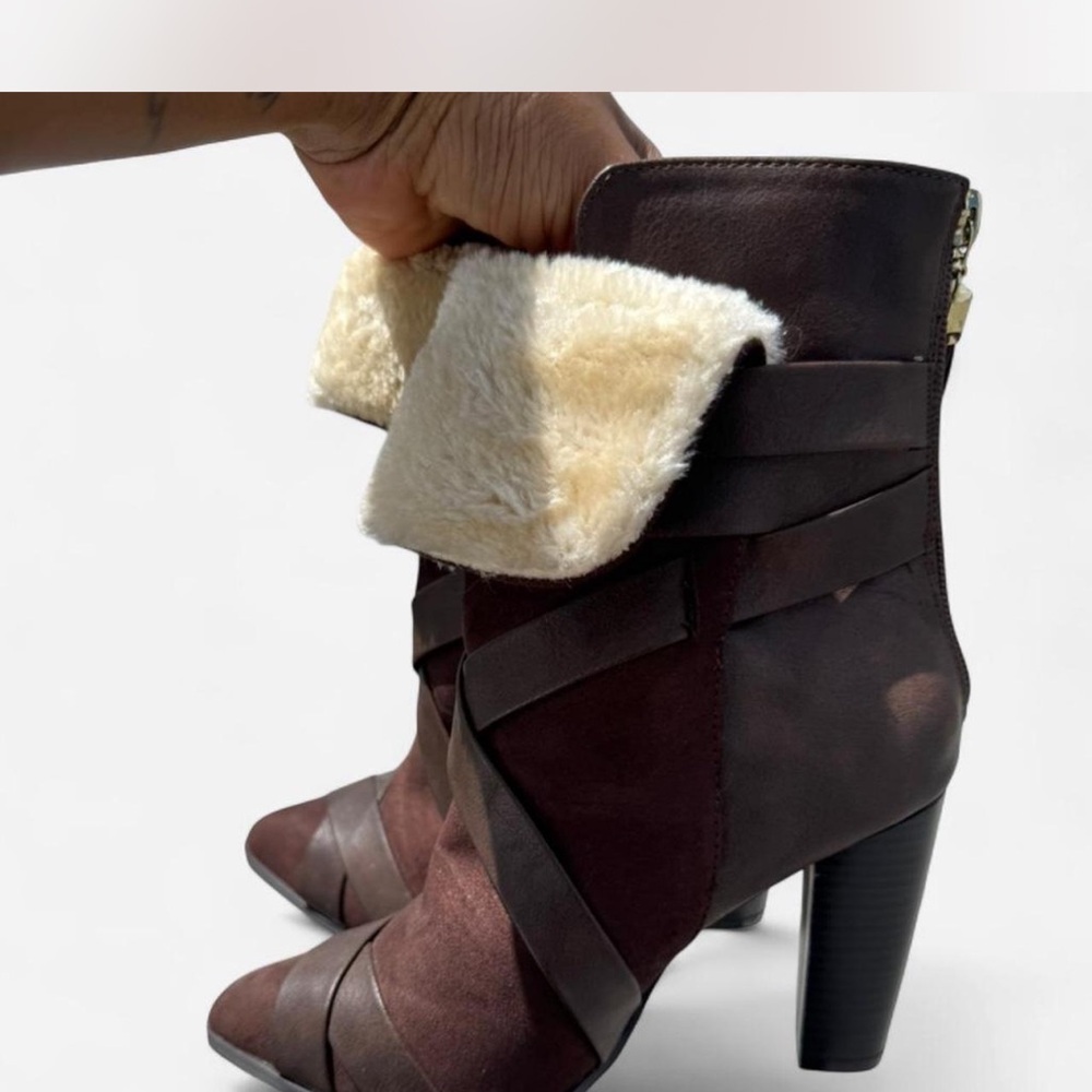 Brown Suede Strappy High-Heel Ankle Boots